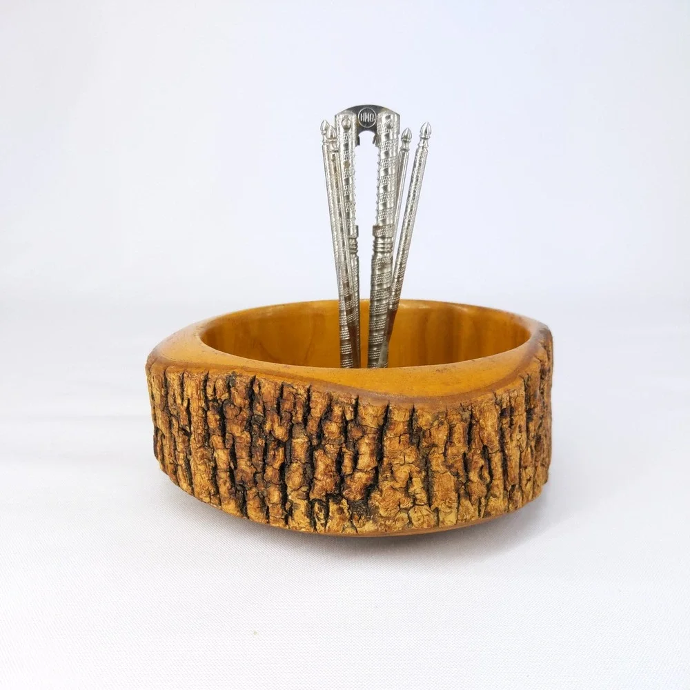 Vintage Nutcracker Set Brown Live Edge Wood Bowl Metal Tools Rustic Cabin